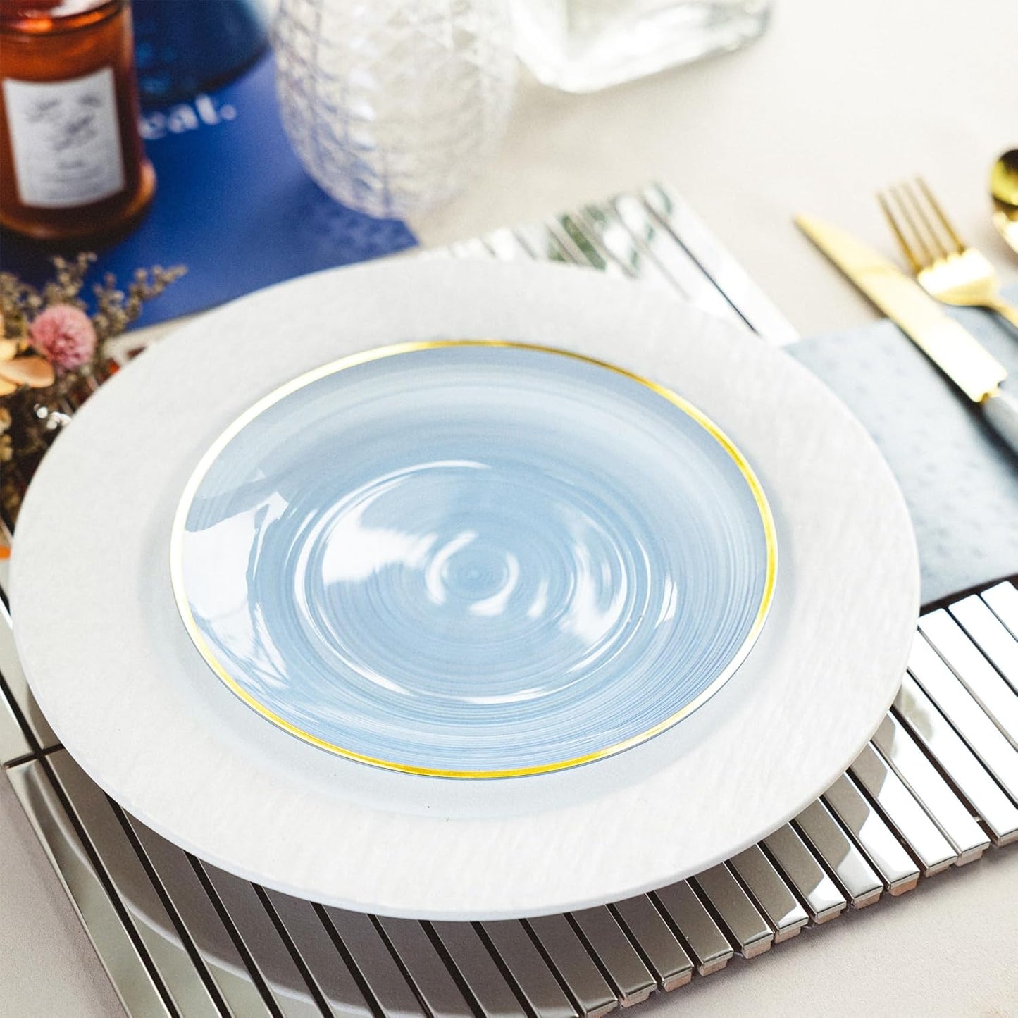 100PCS Transparent Blue Gold Plastic Plates, 7 Inch Heavy Duty Disposable Dessert Plate with Gold Rim, Round Appetizer/Salad Plates for Wedding, Party, Camping, Picnic