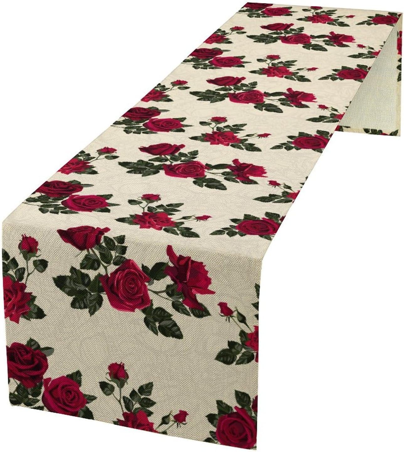 Vintage Rose Table Runner, Red Flowers Green Leaves Valentine's Day Table Runner for Kitchen Dinning Table Runner Decor Home Wedding Party Holiday, 13x120 Inch