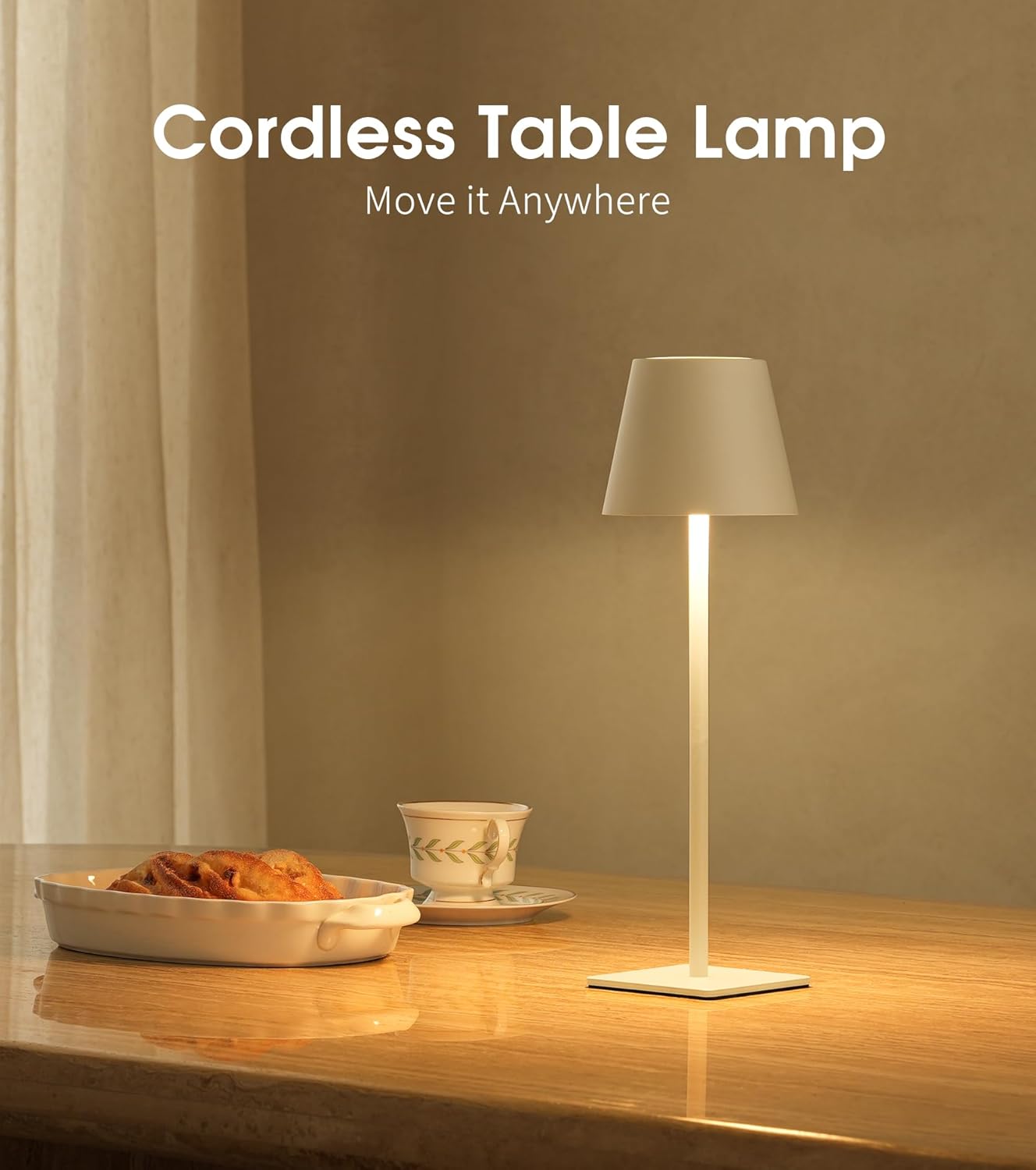 UME Cordless Table Lamp, Battery Operated Lamp - Portable Waterproof Rechargeable Table Lamp w/ 3 Color Temps & Stepless Dimming for Dinner, Desk, Cafe, Outdoor (White)
