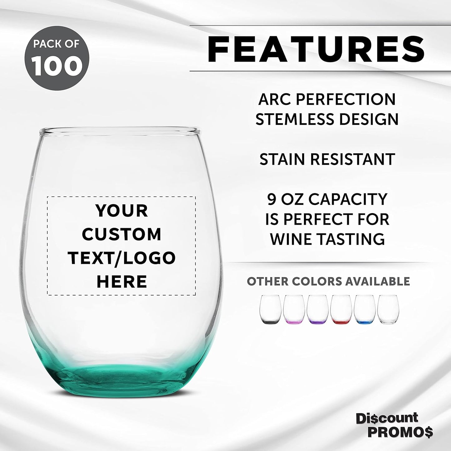 Custom Stemless Wine Glass 9 oz. Set of 100, Personalized Bulk Pack - Great for Wedding Favors, Bachelorette Party Decorations, Party Favors, Color Bottom - Green