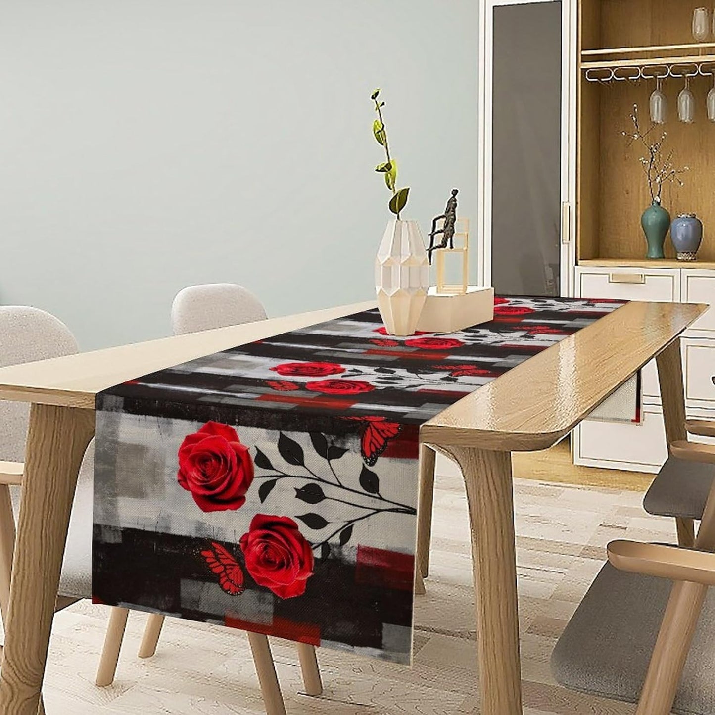 Abstract Art Rose Table Runner, Red Roses Floral Butterfly Black Red Grey Ink Background Pattern Kitchen Dinning Table Runner for Indoor Outdoor Home Wedding Party Holiday, 13x36 Inch