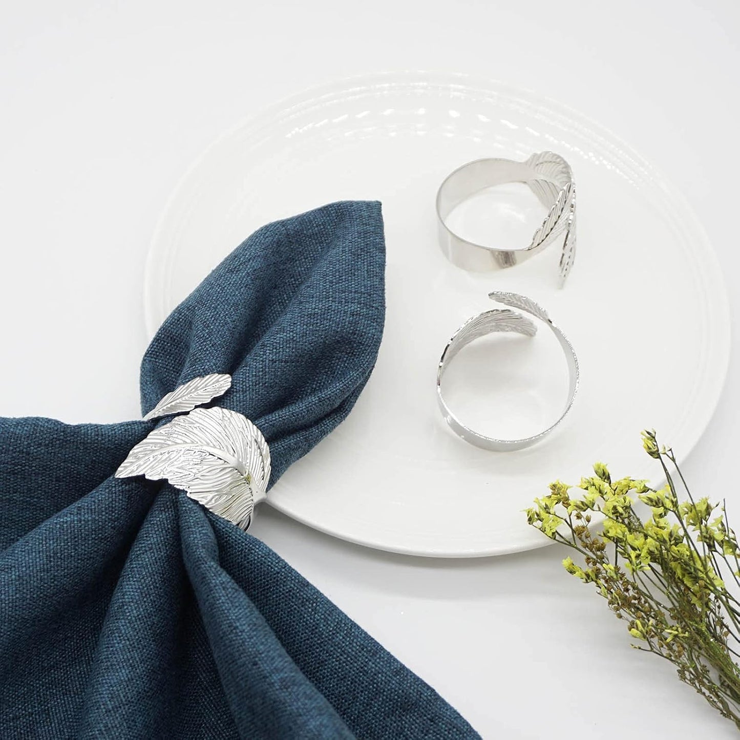 Silver Leaf Napkin Rings Set of 12, Leaves Napkin Rings for Table Setting, Metal Leaf Napkin Holder Rings for Holiday Party, Wedding, Banquet, Formal or Casual Dinning Table Decor (Silver)