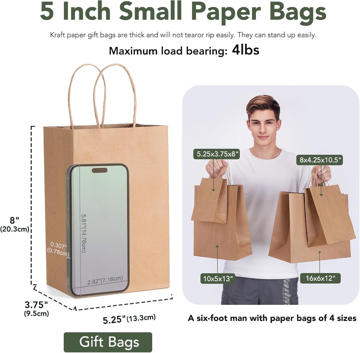 GSSUSA Paper Gift Bags 5.25x3.75x8 Inch 20000 Pack, Valentine's Day Gift Wrap Bags with Handles, Brown Kraft Paper Bag for Small Business, Heavy Duty Bulk, for Birthday Party Favors, Shopping, Retail