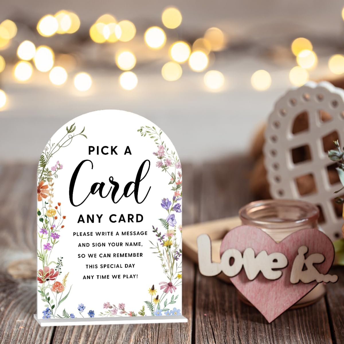 Acrylic Wedding Signs, Pick A Card Signs for Marriage Reception, Bridal Shower Decorations, Modern Arched Round Top Acrylic Table Top Sign with Holder for Wedding Party Dinner (White Wildflowers)