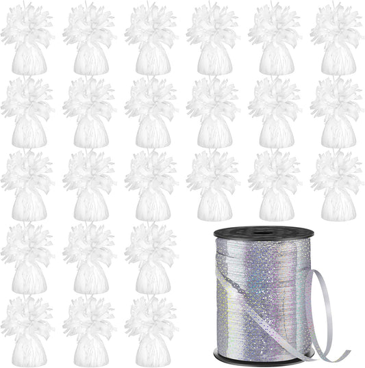 24 Pcs Balloon Weights Metallic Anchor Balloon Holder for Helium Balloons Heavy Table Weights and 1 Roll Iridescent Crimped Ribbon for Birthday Wedding Halloween Christmas Party(Silver, White)
