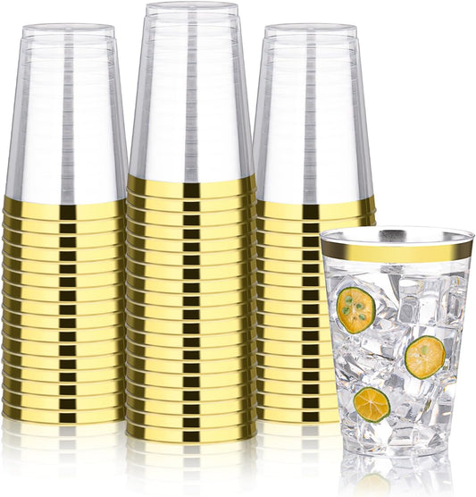 BESTVIP 12oz Gold Plastic Cups, 100 Pack Gold Rimmed Disposable Cups, Heavy-duty Party Cocktail Glasses, Plastic Cups for Party, Holiday, Christmas, Thanksgiving, Wedding and Birthday
