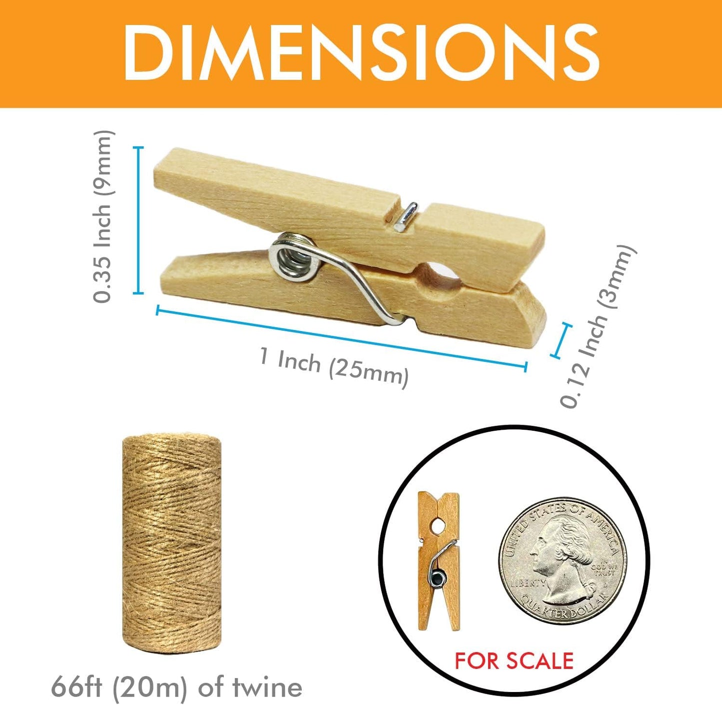Mini Natural Wooden Clothespins with Jute Twine, 250pcs, 1 Inch Photo Paper Peg Pin Craft Clips with 66ft Natural Twine for Scrapbooking, Arts & Crafts, Hanging Photos (10 Colors)