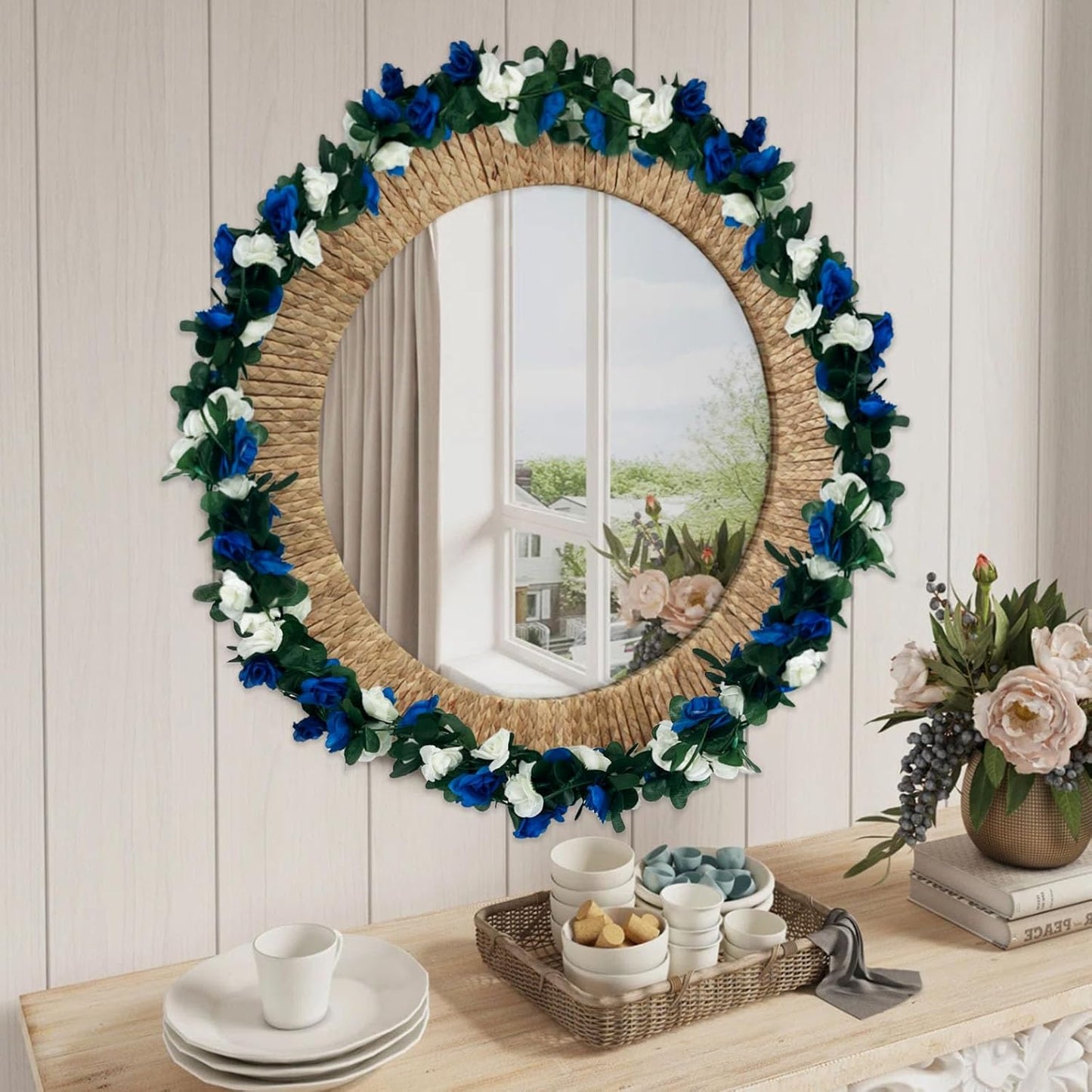 16Pcs 126Ft Royal Blue&White Rose Garland, Fake Rose Hanging Flowers, Artificial Flower Vine, Hanging Floral Vine Garland for Wedding, Wall Arch, Halloween, Christmas Garden Backdrop Decor