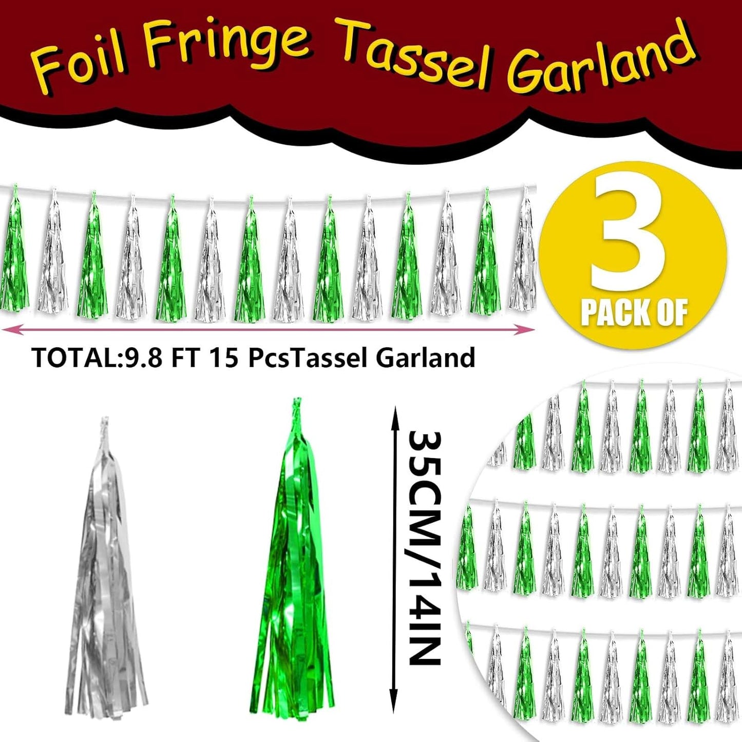 3P Metallic Fringe Tassel Banner Garland Foil Tinsel Streamer Wall Hanging Curtain Backdrop Banner for Parade Floats, Graduation Decorations, Father's Day Party Decoration(Green Silver)
