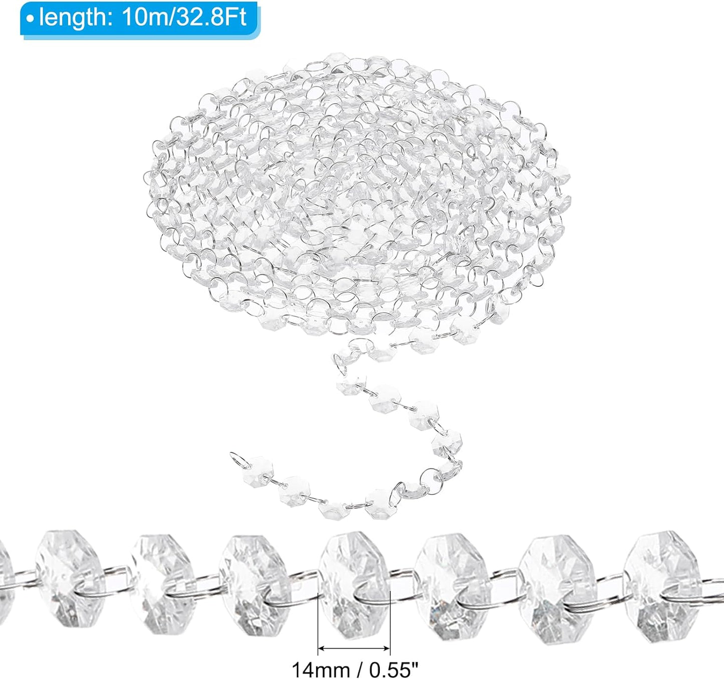 PATIKIL 14 mm Crystal Garland Strands, 32.8 Ft Acrylic Octagon Chandelier Bead Chains String for DIY Craft Wedding Party Home Decorative Jewelry Making, Clear