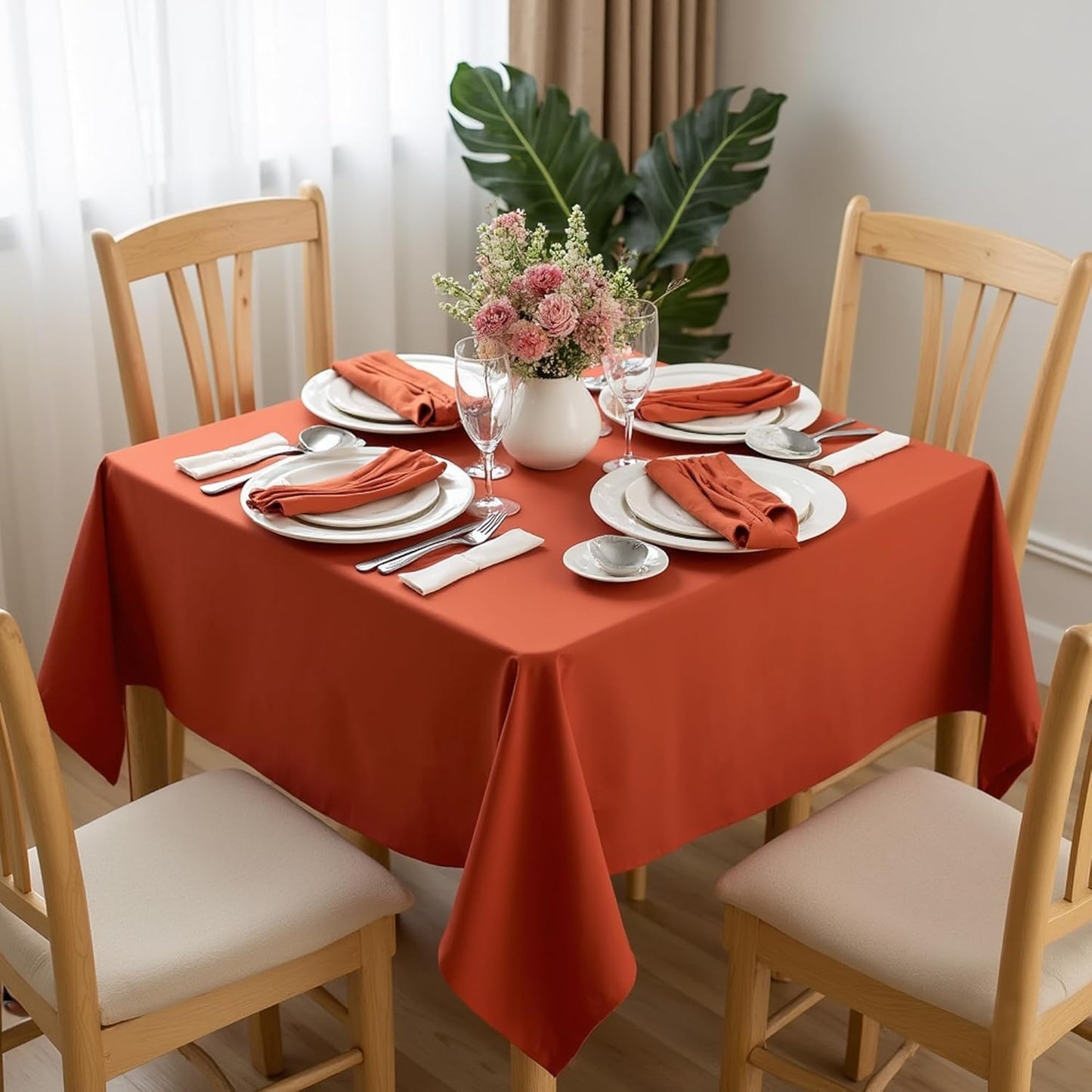 sancua Square Tablecloths 85x85 Inch Rust - Fabric Fall Table Cloth for Square or Round Tables, Burnt Orange Washable Polyester Table Cover for Thanksgiving, Holiday Party, Decorative Display Tables