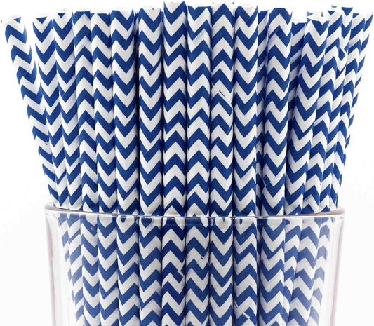 Pack of 300 Navy Blue Chevron Biodegradable 4-Ply Paper Drinking Straws (Compostable, Non-toxic, BPA-free)
