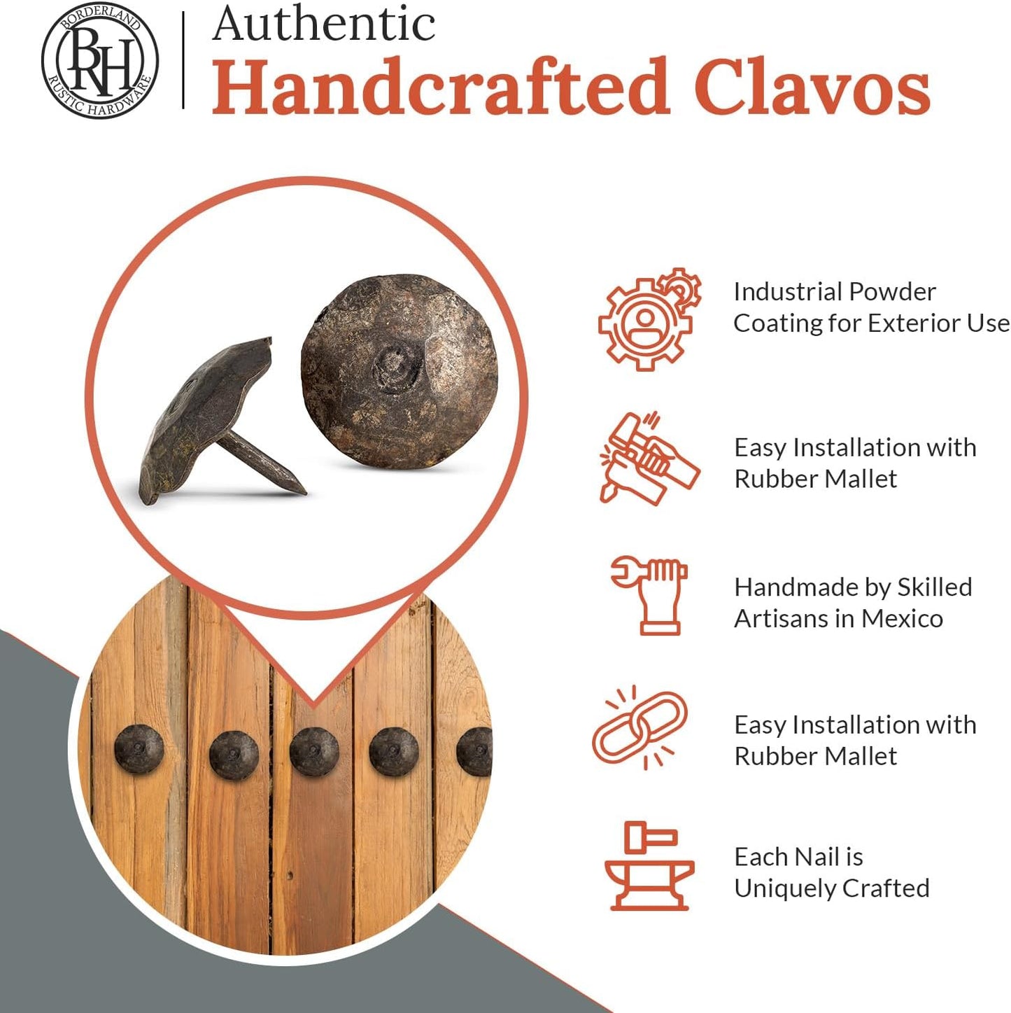 10 Pack 1.25" Round Head Iron Clavos Decorative Nails – Unfinished – Handmade Rustic Round Fasteners for Farmhouse Shutters, Faux Wood Beams, Barn Doors, Shutters, Gates – Ornamental Wood Accent