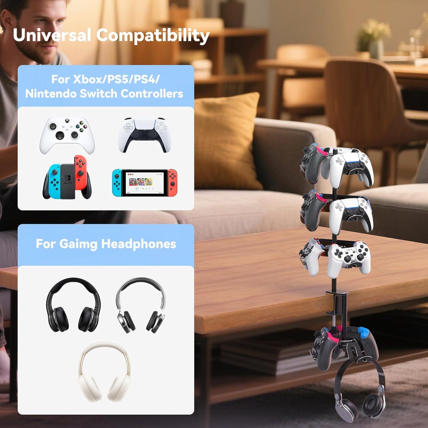 Rotatable 4 Tier Desk Clamp Controller Headset Stand, Universal Under Desk Controller Holder Rack for PS5 Xbox Nintendo Switch PC PS4, Aluminum Gaming Headphone Hanger, Black