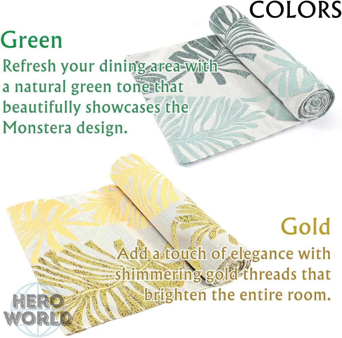 Monstera Leaf Table Runner – Elegant Fabric Table Centerpiece, Machine Washable, Gold or Green, 71"/83"/94" Length, 13" Width (Gold/71)