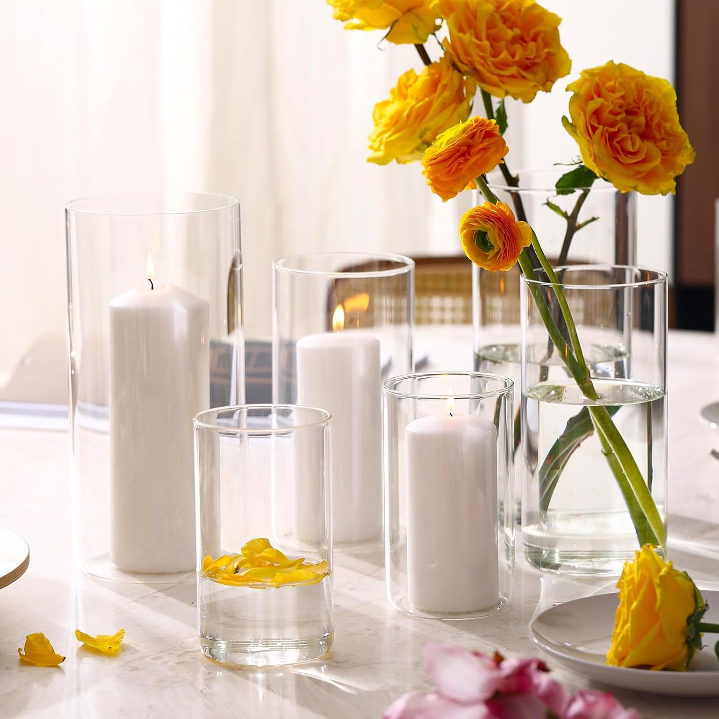 PHOSPHOR 9 PCS Glass Candle Holders for Pillar Candle Clear Glass Cylinder Centerpieces Vases Table Decoration Centerpiece Hurricane Candle Holder Glass