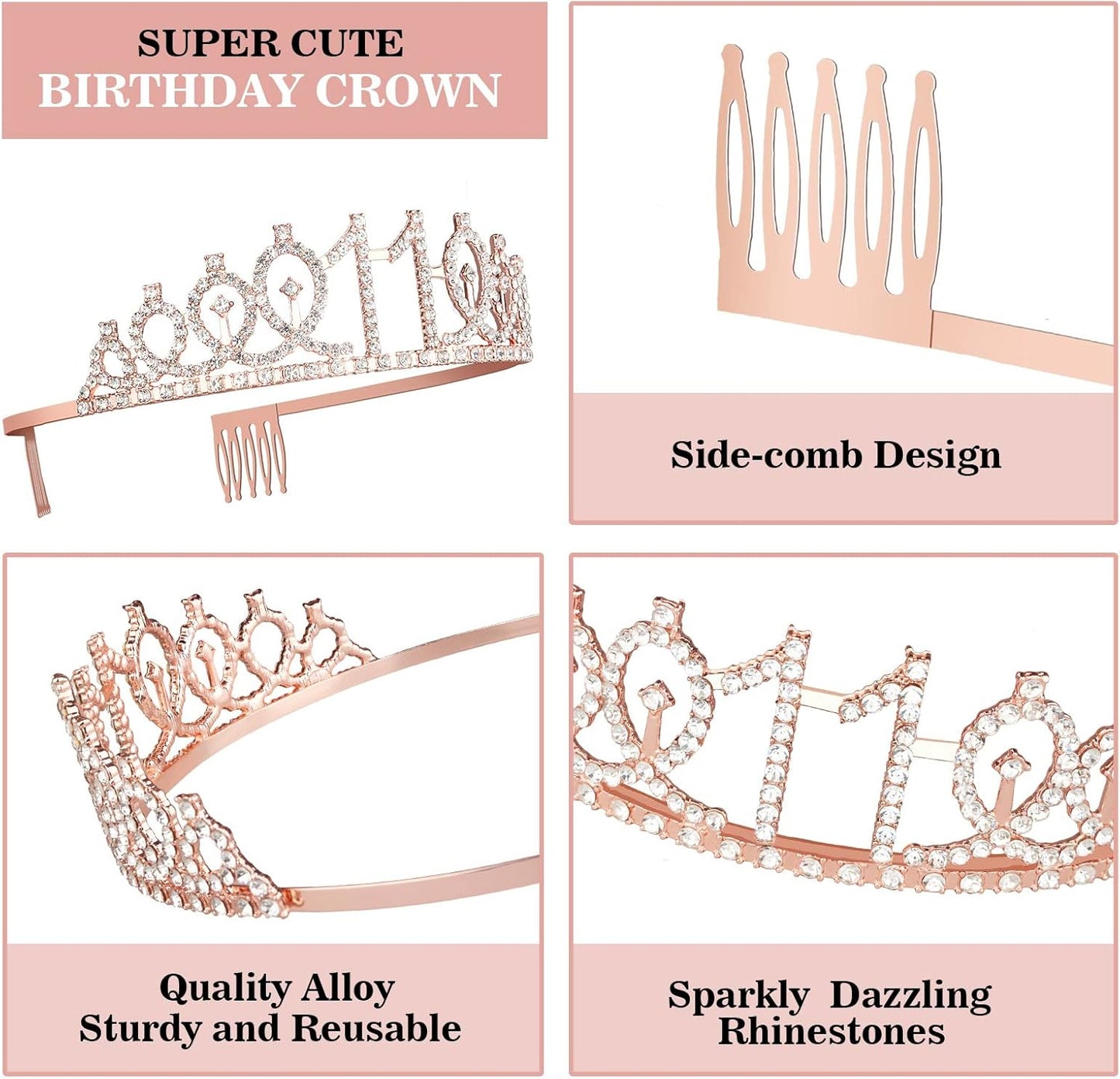 11th Birthday Decorations for Girl with Sash and Tiara, Numeral Candle and Cake Topper, 11 Year Old Birthday Decorations Gifts, Rose Gold Party Favor Supplies