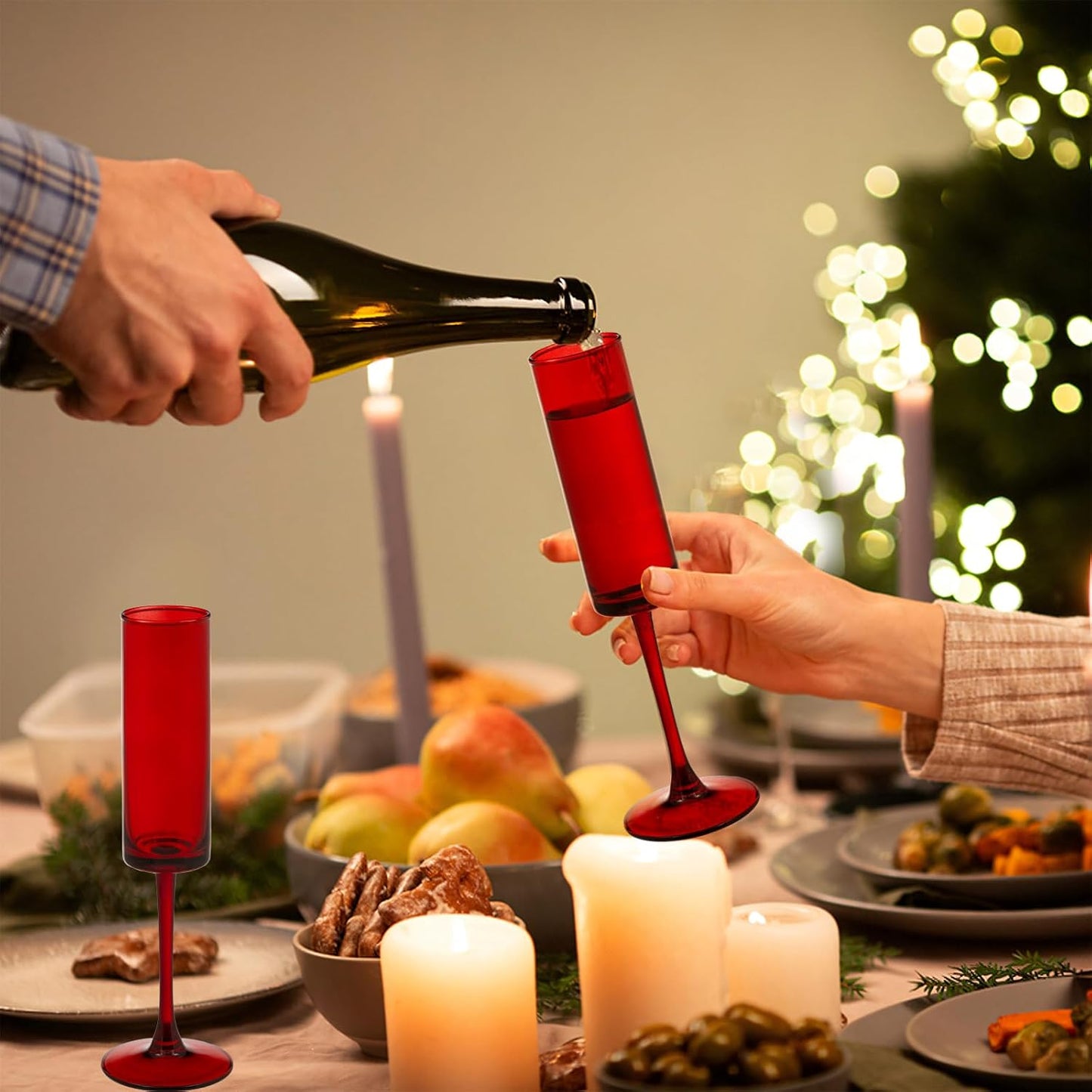 6 Pieces Red Champagne Flutes 6 OZ Straight Sided Wine Glasses Champagne Long Stem Drinking Colored Glasses,Set of 6 Hand Blown Champagne Flutes Goblets for Wedding Cocktail Cups,Cava, Prosecco