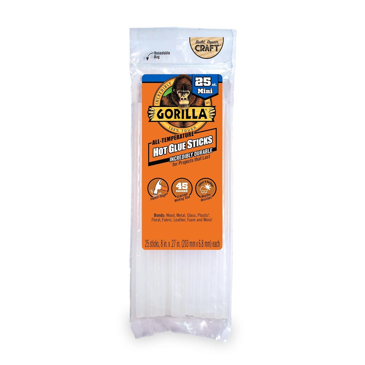 Gorilla Hot Glue Sticks, Clear Glue, Mini Size 8" Long x 0.27" Diameter, 25 Count (Pack of 4) - Safe for All Temperatures with Extended Working Time