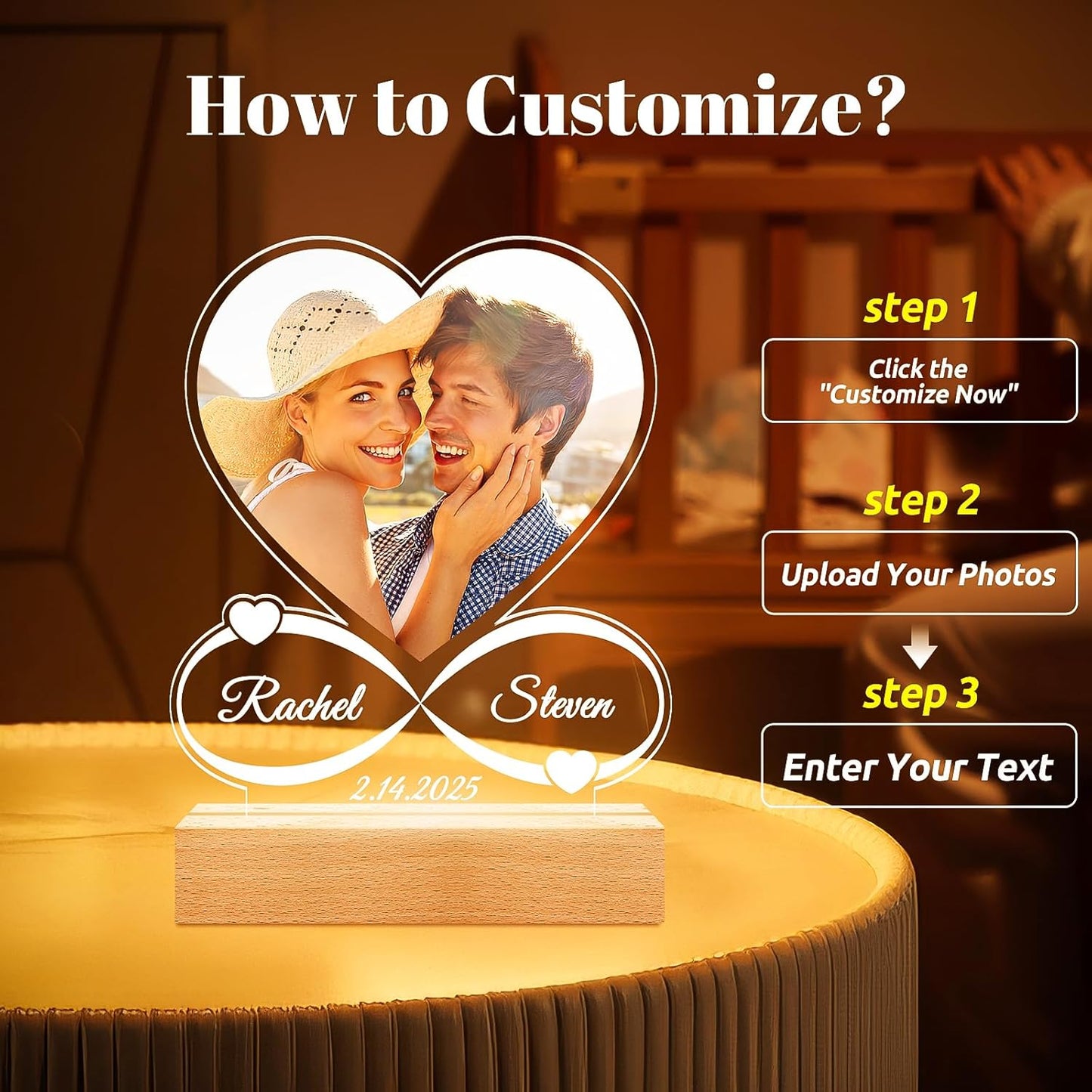 Custom Picture Frames with Photo, Customized Photo Frame with Night Light, Personalized Picture Frame, Personalized Anniversary Birthday Gifts for Women Men Him Her Girlfriend Boyfriend Couples