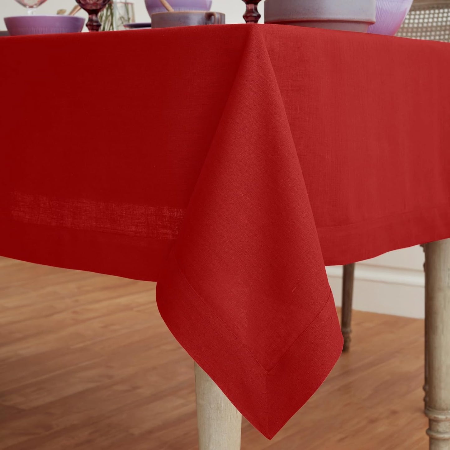 Solino Home Linen Red Tablecloth 60 x 156 Inch - 100% Pure Linen Rectangular Tablecloth - Machine Washable Table Cloth for Christmas, Fall, Autumn - Fete