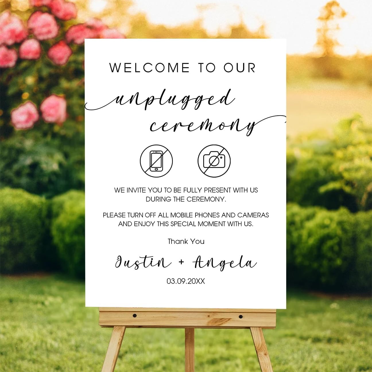 Wedding Unplugged Ceremony Yard Sign – No Phones or Cameras Icon – Outdoor Sign Personalized – Acrylic or Corrugated