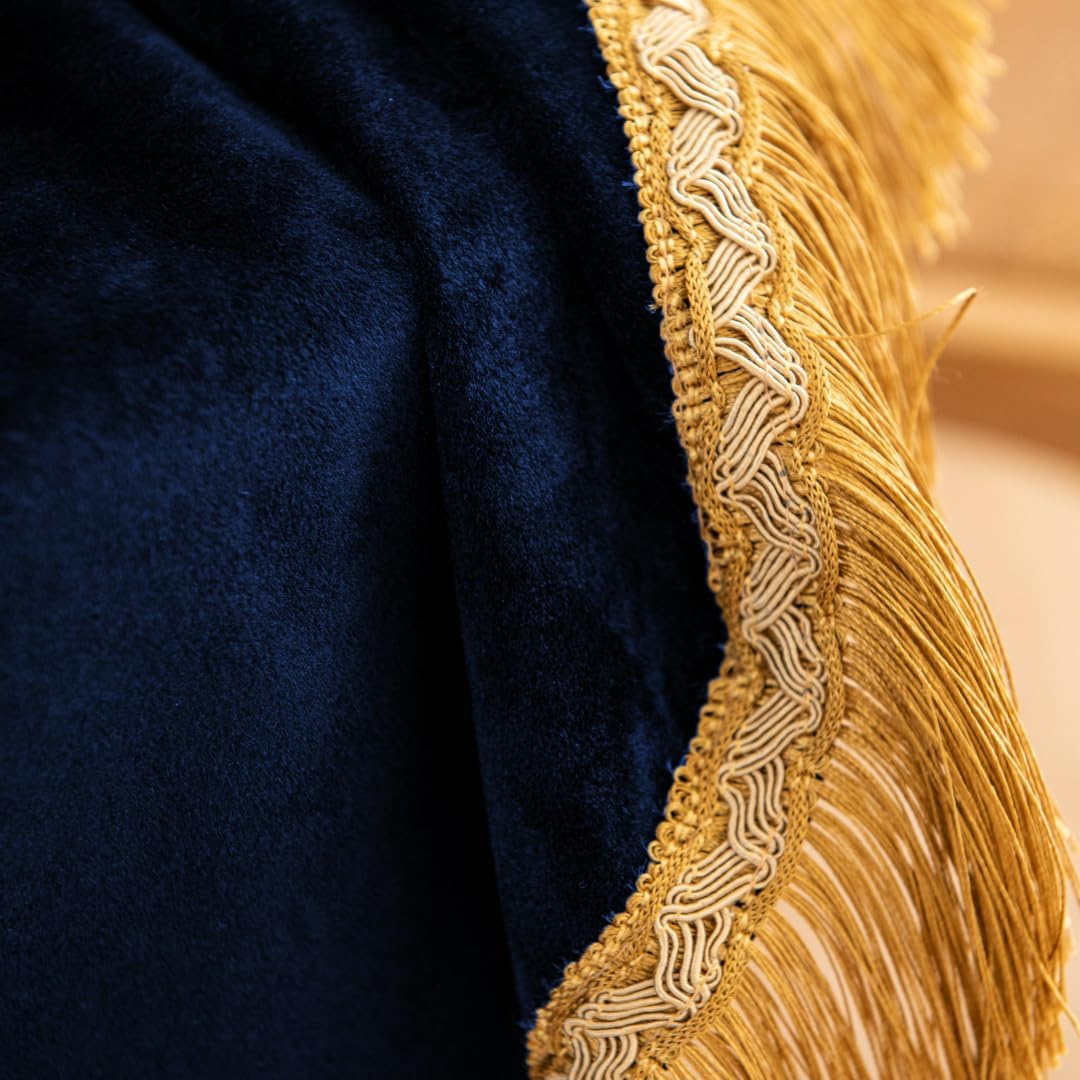 F-CHU Blue Tablecloth Thickset Velvet Tablecloth with Beautiful Gold Tassels Vintage Table Cloth for Home Decor Wedding, Party, Banquet and Events 60x60-Inch