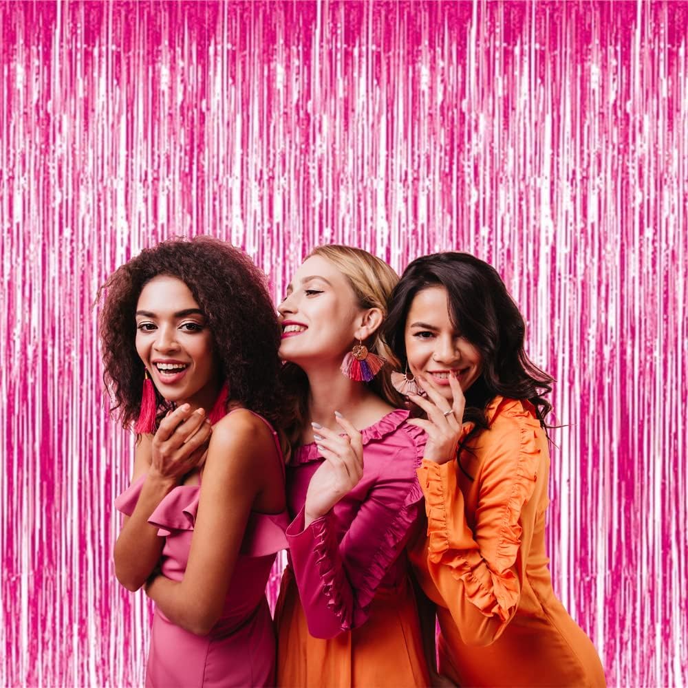 GOER 3.2 ft x 8.2 ft Metallic Tinsel Foil Fringe Curtains Party Photo Backdrop Party Streamers for Galentines Day,Birthday,Graduation,New Year Eve Decorations Wedding Decor (1 Pack, Hot Pink)