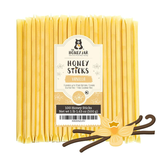 The Honey Jar Vanilla Flavored Honey Sticks - Pure Honey Straws For Tea, Coffee, or a Healthy Treat - One Teaspoon of Flavored Honey Per Stick - Made In The USA with Real Honey - (100 Count)