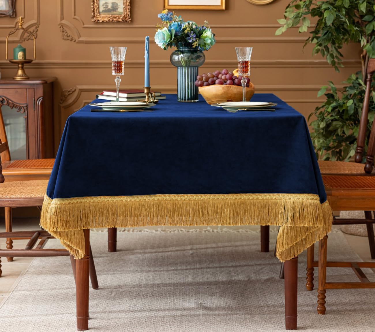 F-CHU Luxury Blue Tablecloth Thickset Velvet Tablecloth with Beautiful Gold Tassels Vintage Table Cloth for Home Decor Wedding, Party, Banquet and Events 60x102-Inch