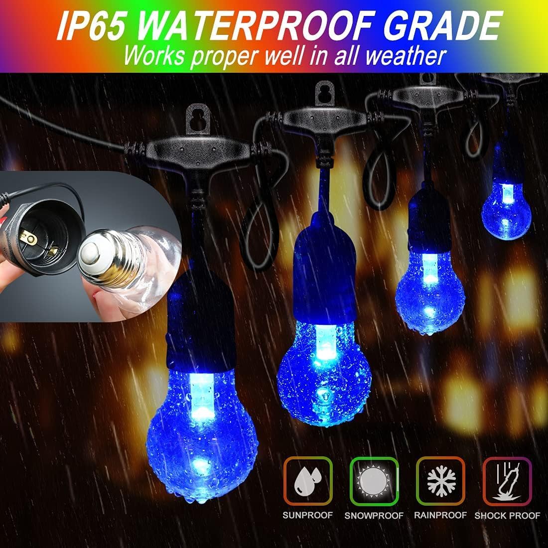 144FT Outdoor String Lights with 45 RGB Color Changing E26 Bulbs - Dimmable Shatterproof Edison Patio Lights for Backyard,Solar Commercial LED Lighting with Remote Control.
