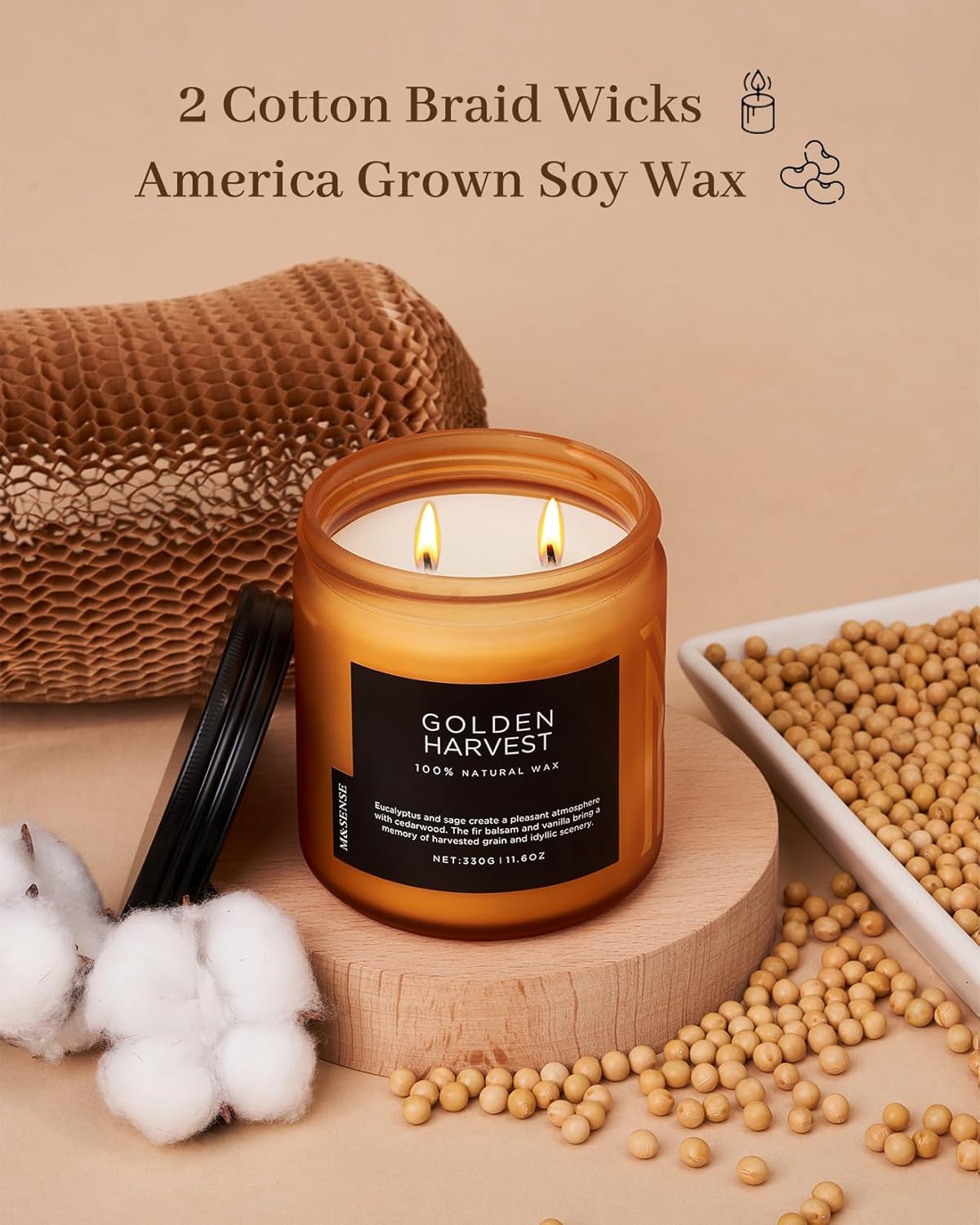 M&SENSE Fall Harvest Scented Candle, 11.6oz Natural Soy Wax 70 Hours Long Lasting Highly Scented 2 Cotton Wick Candle Gifts for Birthday Holiday, Decorative & Home