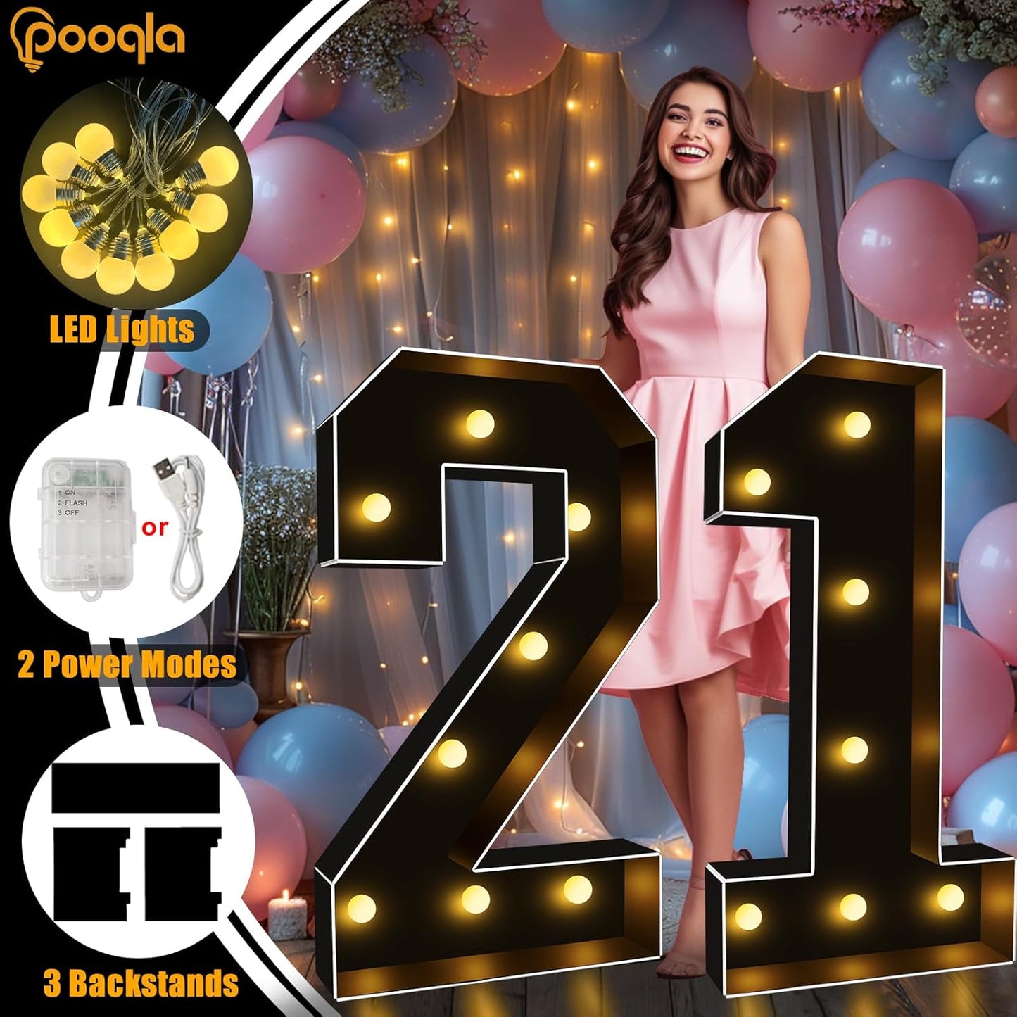 Pooqla 3FT Marquee Light Up Numbers, Black Lighted Party Decor for her him Women Men, Giant Mosaic Light Up Numbers for 3rd 13th 30th Birthday Anniversary Decoration, Number 3