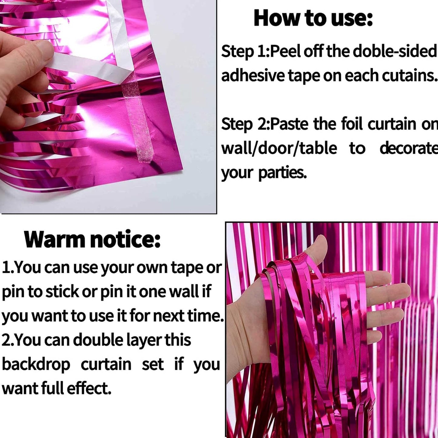 4 Pack Fuchsia Foil Fringe Curtain Backdrop,3.28Ft x 8.2Ft Metallic Tinsel Foil Fringe Streamer Curtains for Party,Photo Booth Props,Birthday,Graduation Decoration Party Supplies