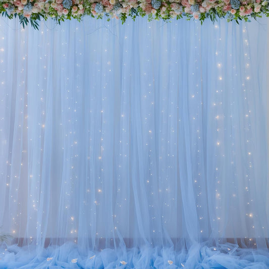 20x10ft Baby Blue Tulle Backdrop Curtains with Lights for Party Wedding Baby Shower, Sheer Wrinkle Free Backdrop Curtains for Birthday Party Photo Booth Background Decoration