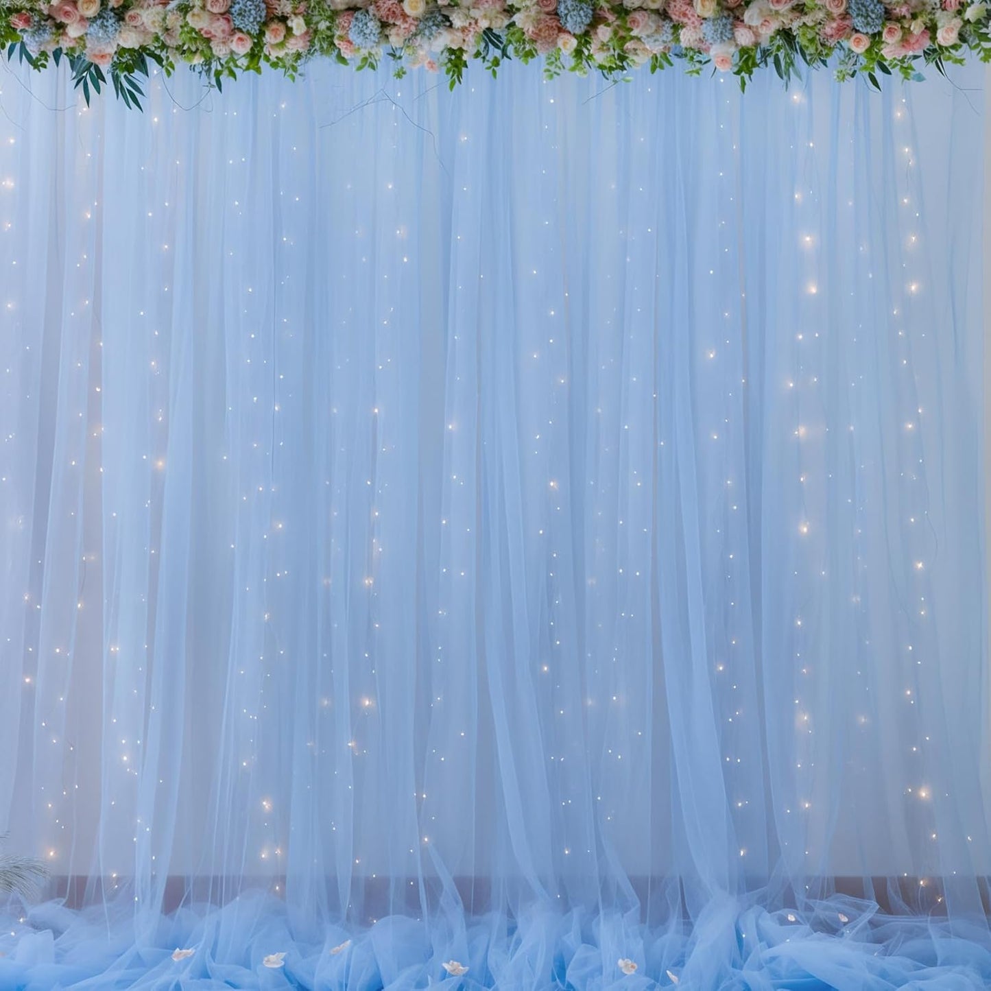20x8ft Baby Blue Tulle Backdrop Curtains with Lights for Party Wedding Baby Shower, Sheer Drape Backdrop Curtains for Birthday Party Photo Booth Background Decoration