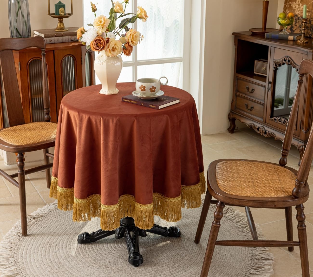 F-CHU Luxury Burnt Orange Tablecloth Thickset Velvet Tablecloth with Beautiful Gold Vintage Tassels Table Cloth for Home Decor Wedding, Party, Banquet and Events 60" Round