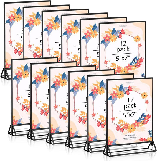 5" x 7" Black Acrylic Sign Holders, 12PCS Wedding Table Numbers Sign Holder, Double Sided Acrylic Black Frame Sign Holders Display Stand for Wedding Table Numbers, Restaurant Sign, Menu, Photo