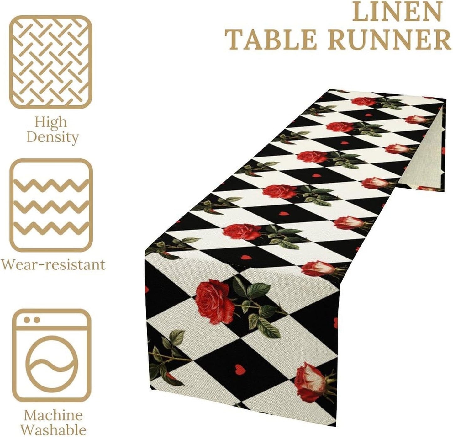 Vintage Rose Table Runner, Red Rose Hearts Black White Checkered Background Table Runner for Kitchen Dinning Table Runner Decor Home Wedding Party Holiday, 13x108 Inch