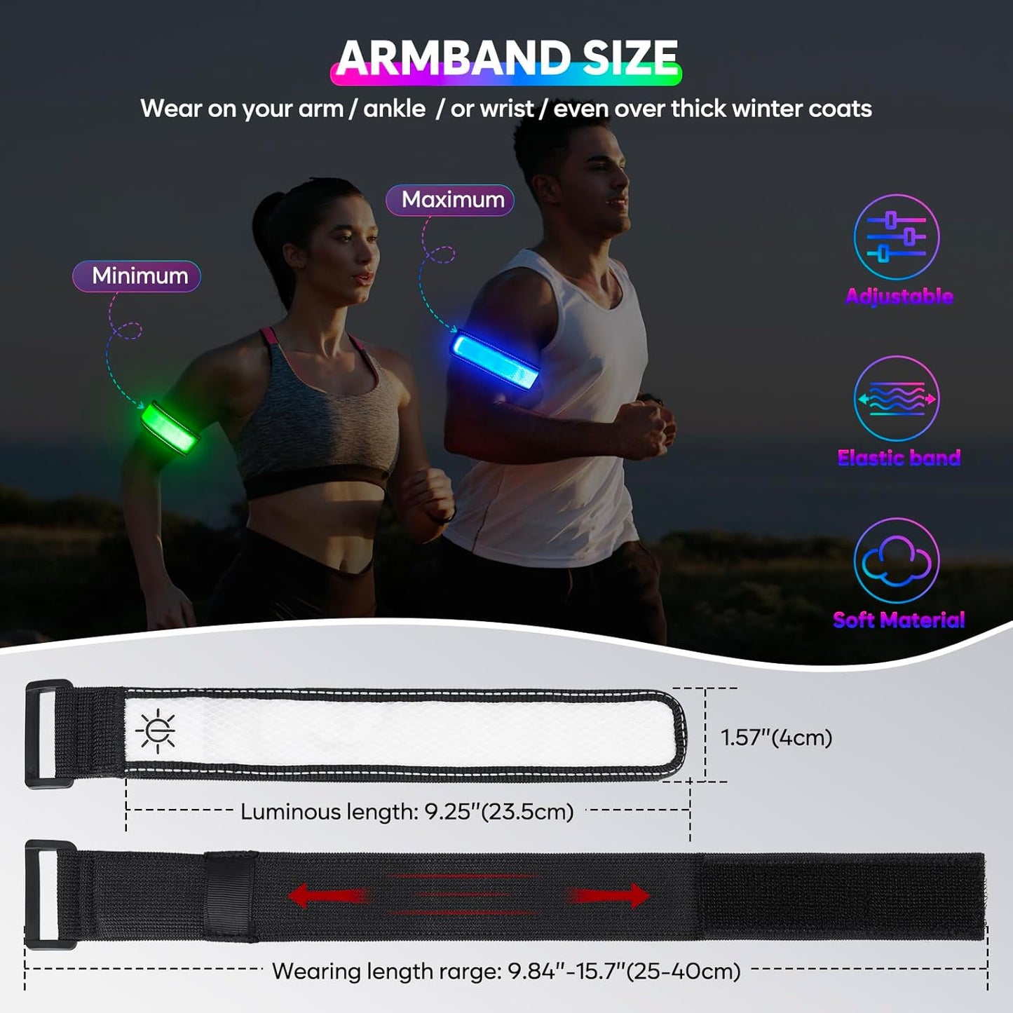 LED Armband for Running Walking Cycling, Multicolor Light Up Armband with Battery Indicator, Rechargeable Running Lights Safety Band for Night Visibility,Adjustable Reflective Gear for Adults & Kids