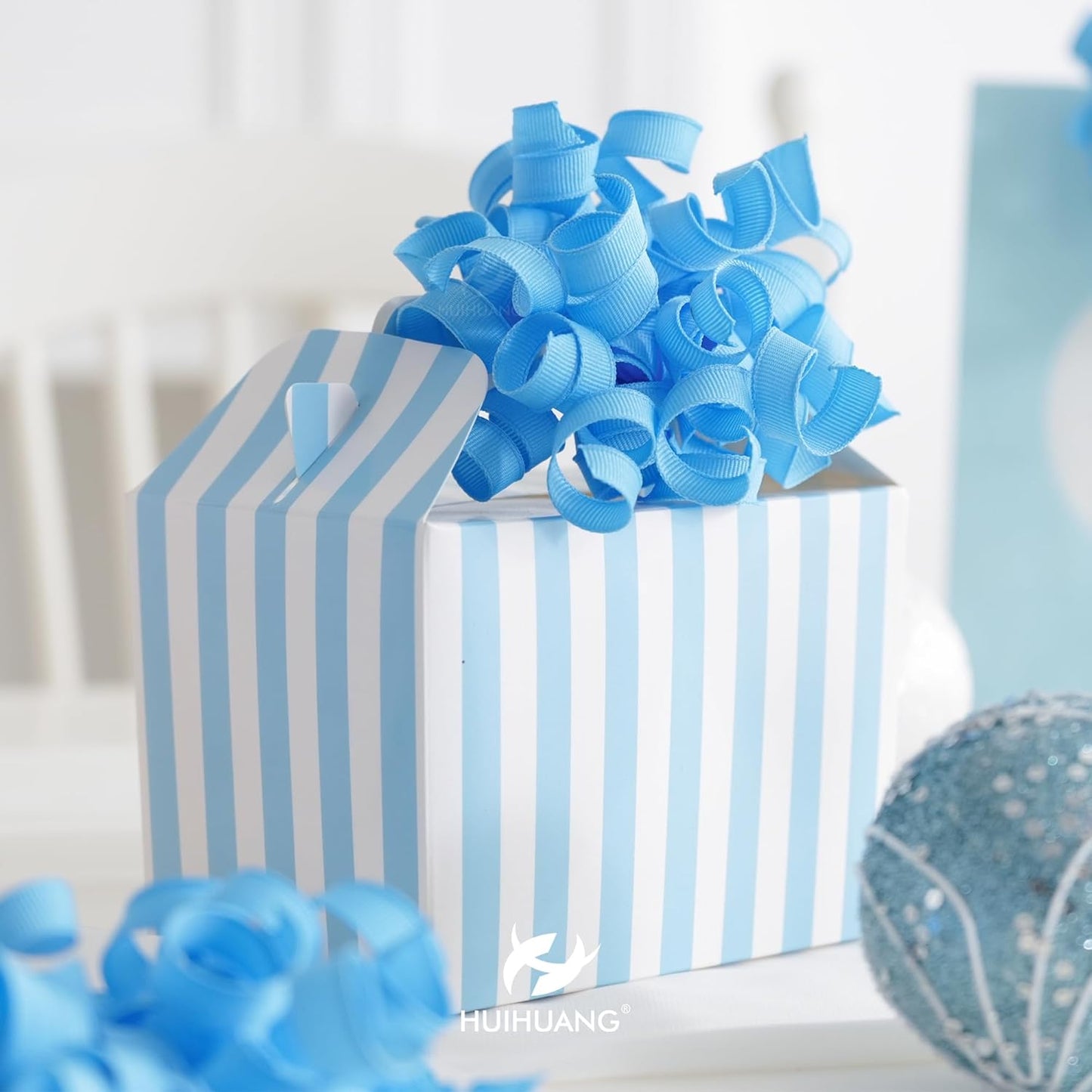 HUIHUANG Baby Blue Bows for Gift Wrapping, Blue Curly Ribbon Bows Self Adhesive Burst Gift Bows for Presents, Wine Bottle, Treat Bags, Wrap Accessories, Baby Shower, Wedding Party Favor - 6 Counts