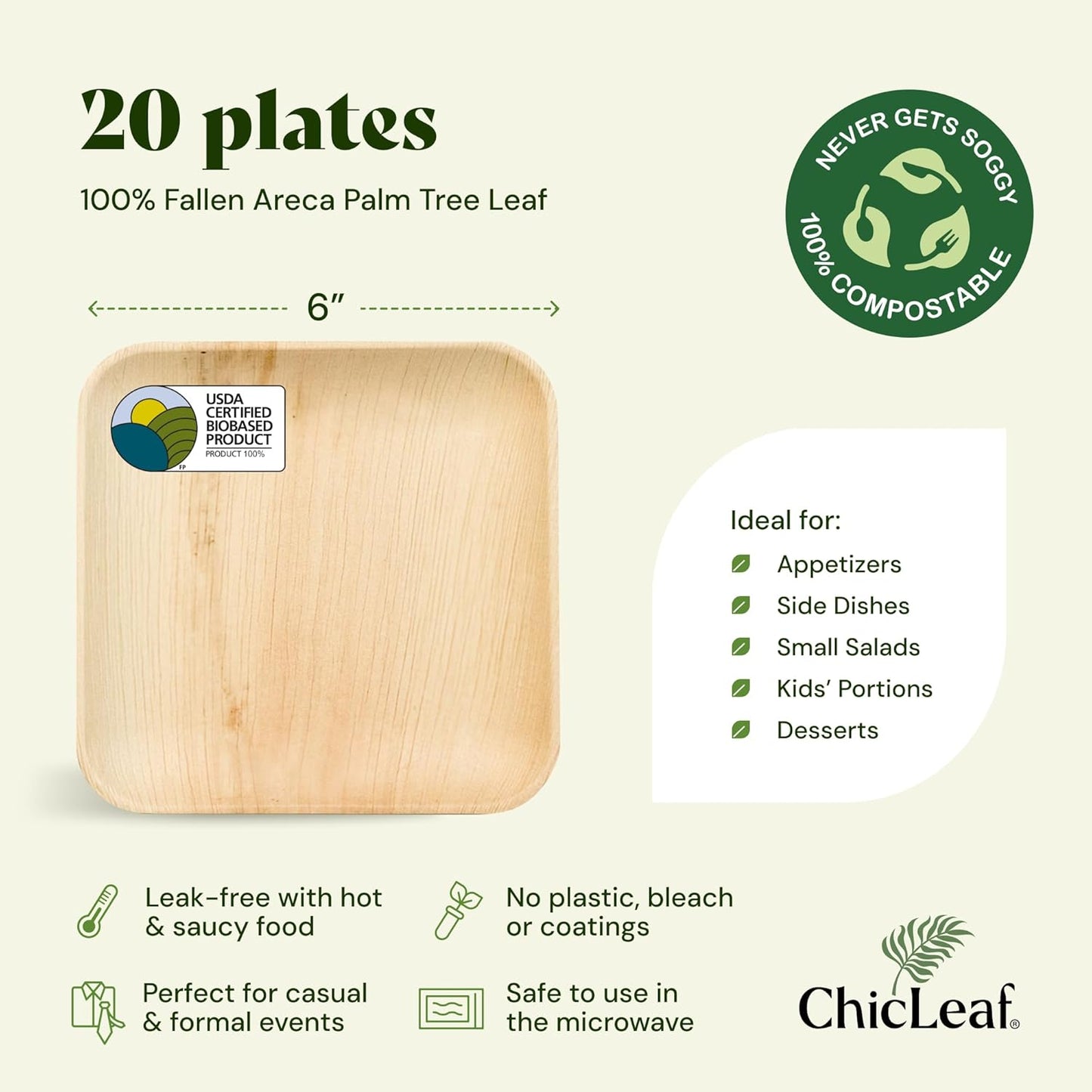 Chic Leaf Compostable & Biodegradable Palm Leaf Disposable Bamboo Plates | Disposable Party Plates for Appetizers - Party Supplies (6'' - 20 Pack)