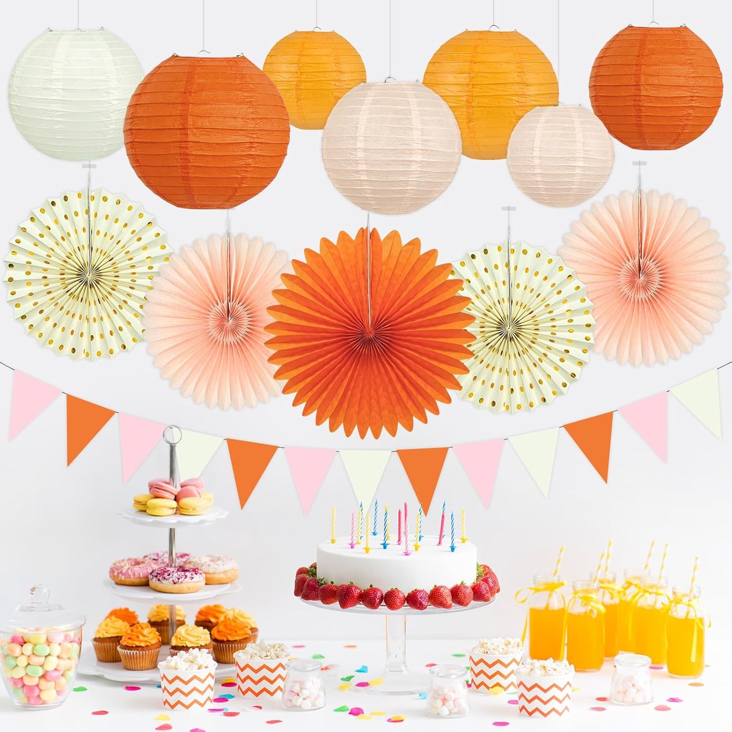 15Pcs Autumn Pink and Orange Party Decorations, Hanging Orange Paper Lanterns Honeycomb Paper Fans Triangle Flag Banner for Girls Women Baby Shower One Sweet Peach Birthday Thanksgiving Party Decor
