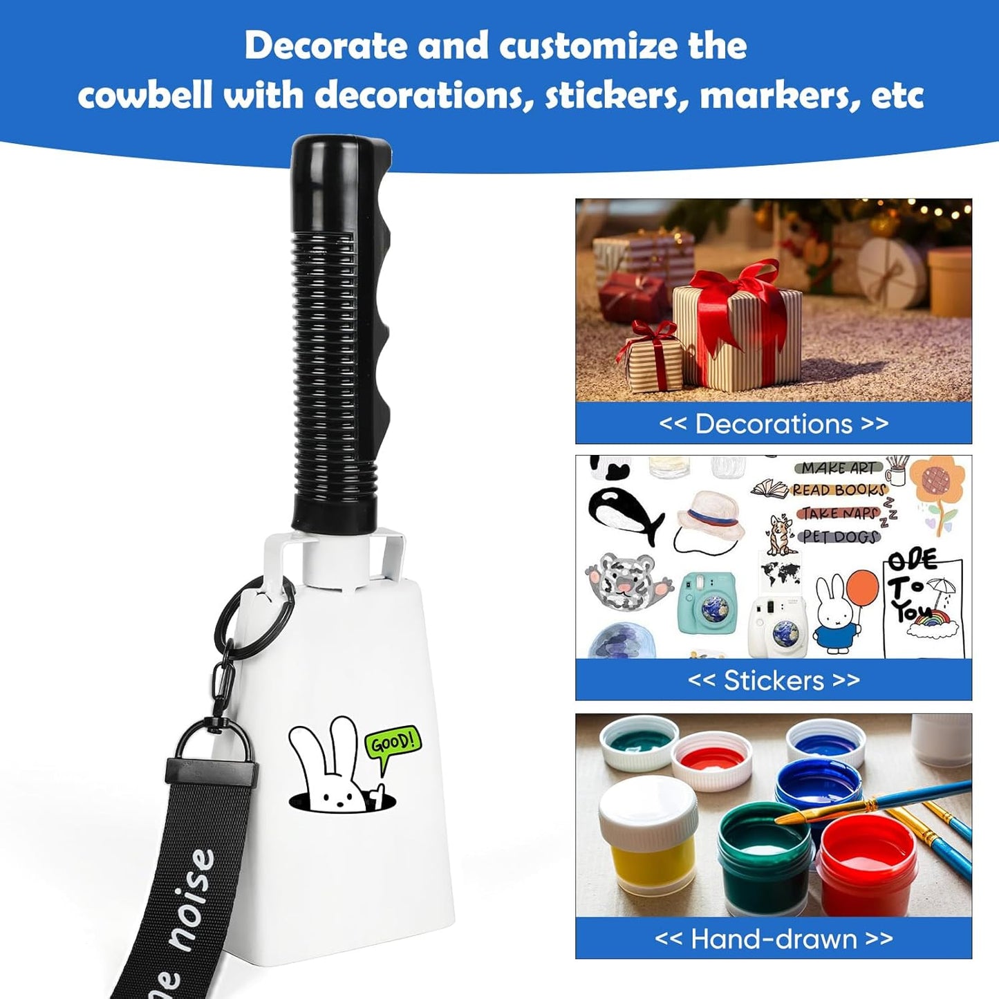 Cow Bells Noise Makers with Handle: Cowbells Hand Percussion for Sporting Events with Wrist Strap - 2pcs 8 Inch Large Loud Cheering Bell for Football Games Graduation (White)