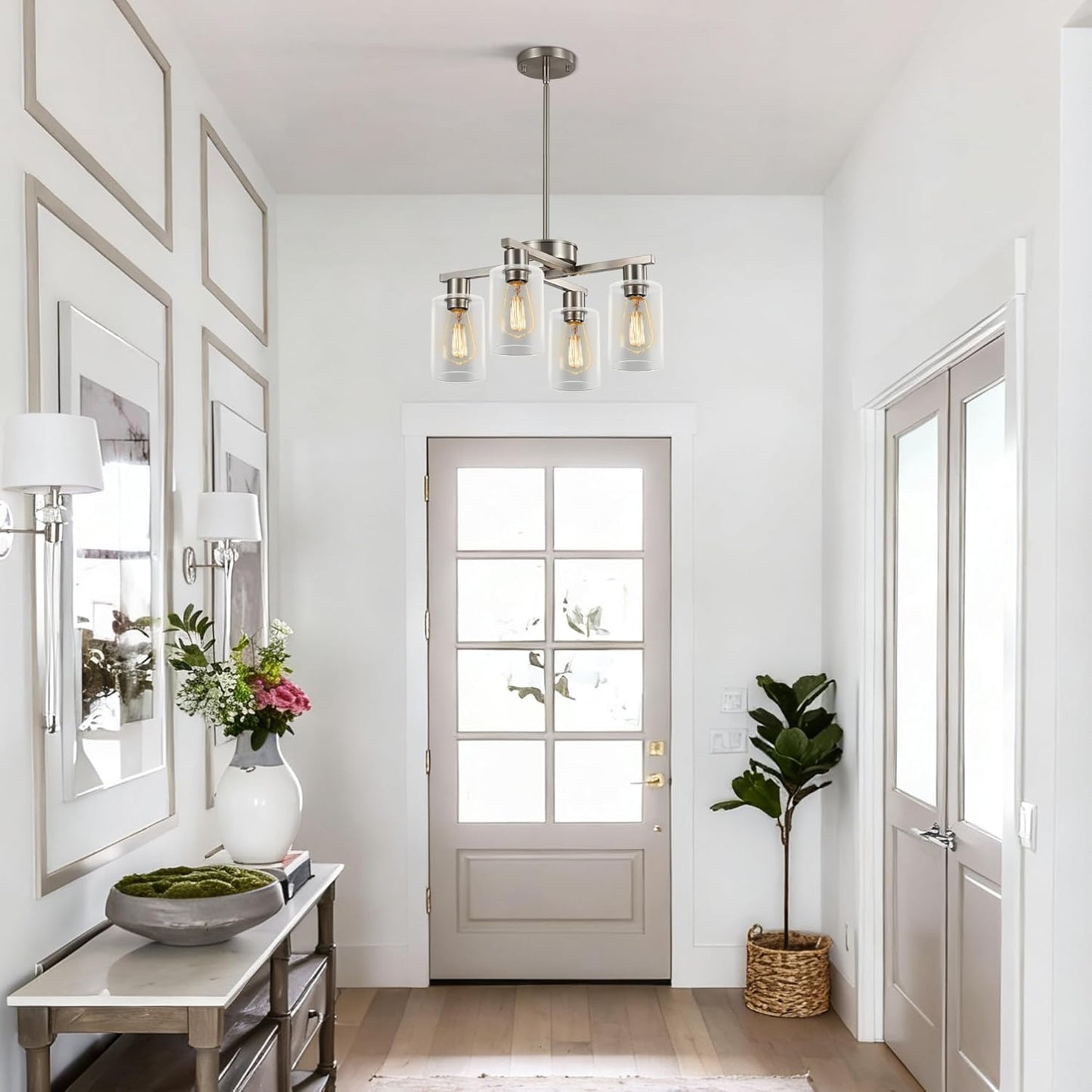 4-Light Modern Farmhouse Brushed Nickel Chandelier, Dining Room Light Fixture Over Table Adjustable Height Hanging Industrial Pendant Lights Kitchen Island, Clear Glass Shade