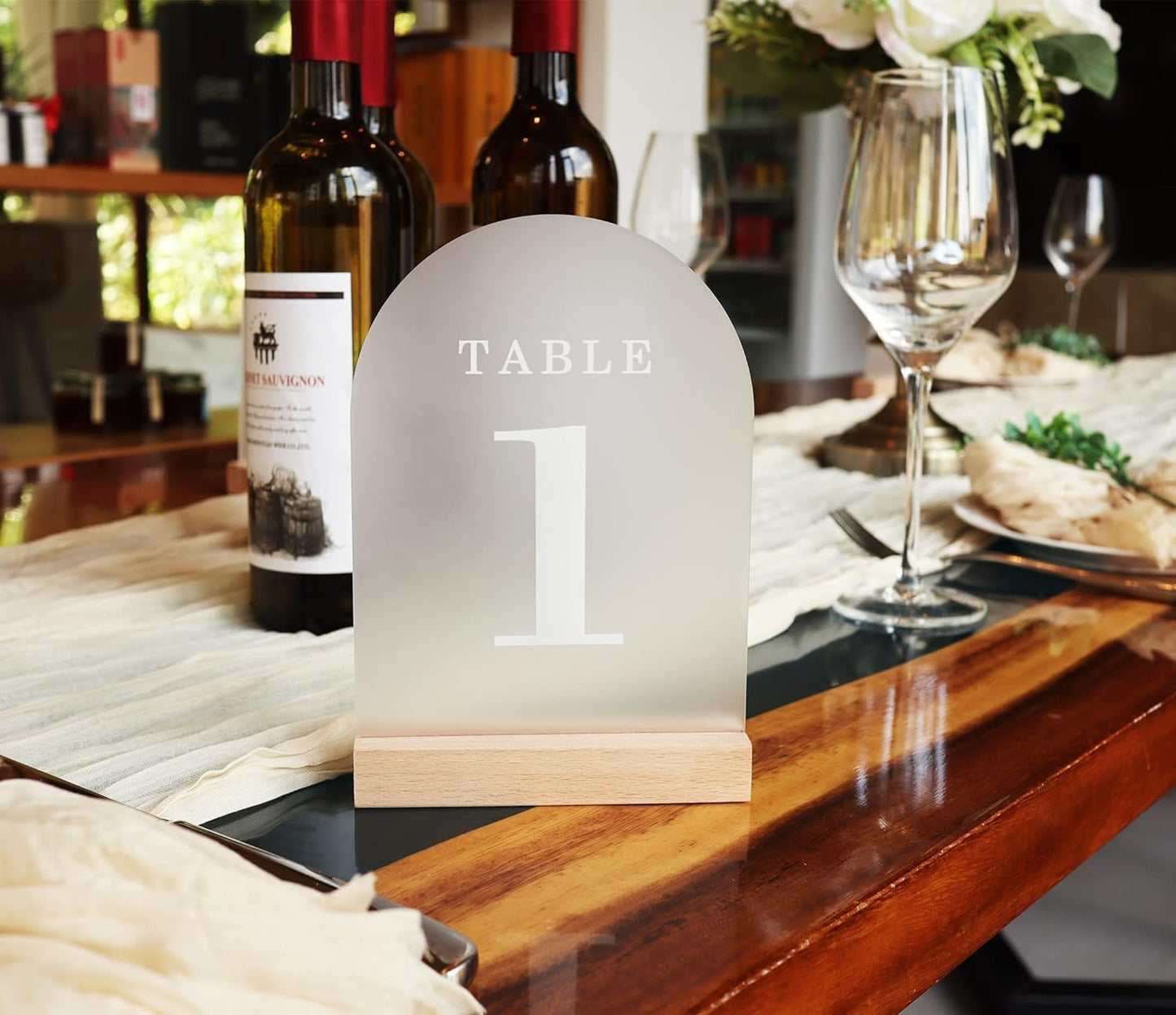 Wedding Table Numbers 16-20, Acrylic Arch Signs with Natural Wood Stands Holders, Rustic Table Decor for Reception & Parties (Frosted White)