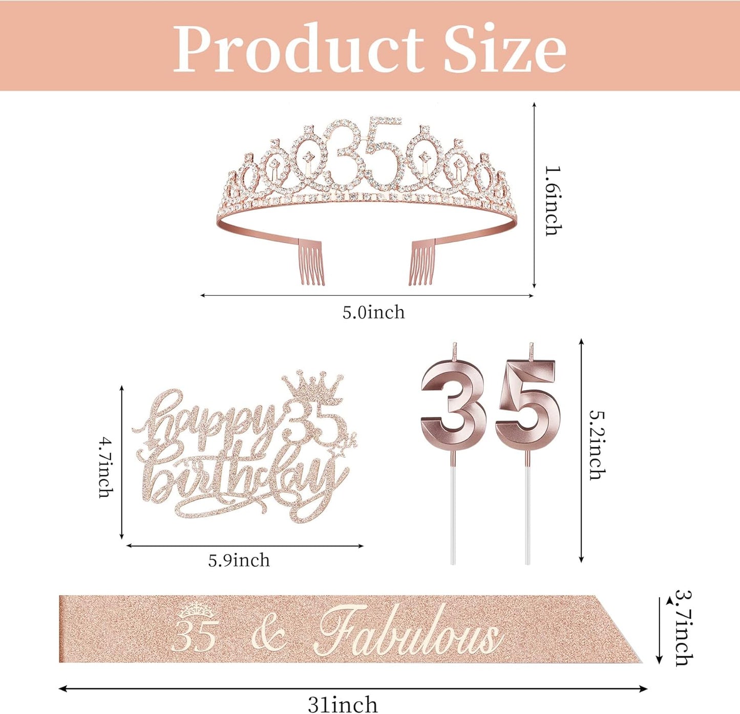 35th Birthday Decorations for Women Including Sash, Tiara/Crown, Numeral Candles and Cake Topper, Rose Gold 35th Birthday Gifts for Women, Rose Gold Party Decor Supplies