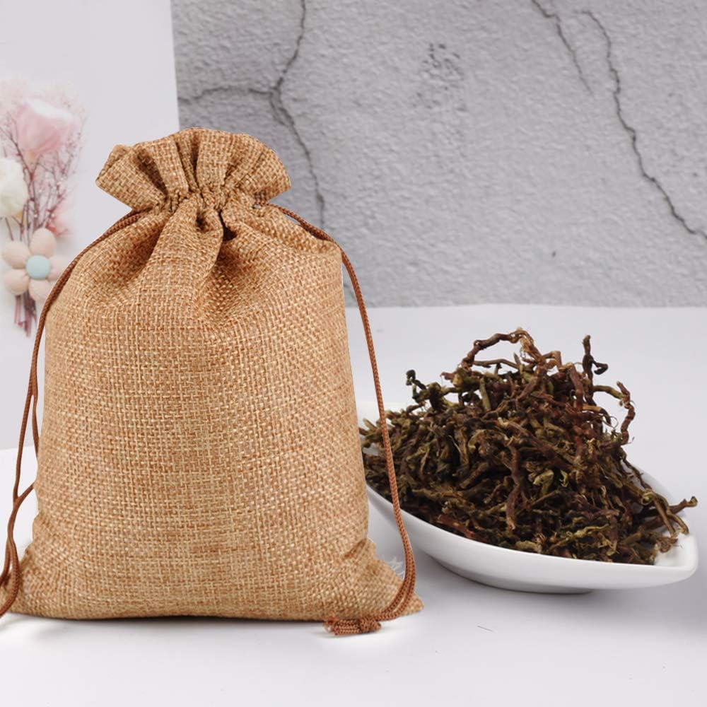 Lucky Monet 25/50/100PCS Burlap Gift Bags Wedding Hessian Jute Bags Linen Jewelry Pouches with Drawstring for Birthday, Party, Wedding Favors, Present, Art and DIY Craft (50Pcs, Coffee, 7” x 9”)