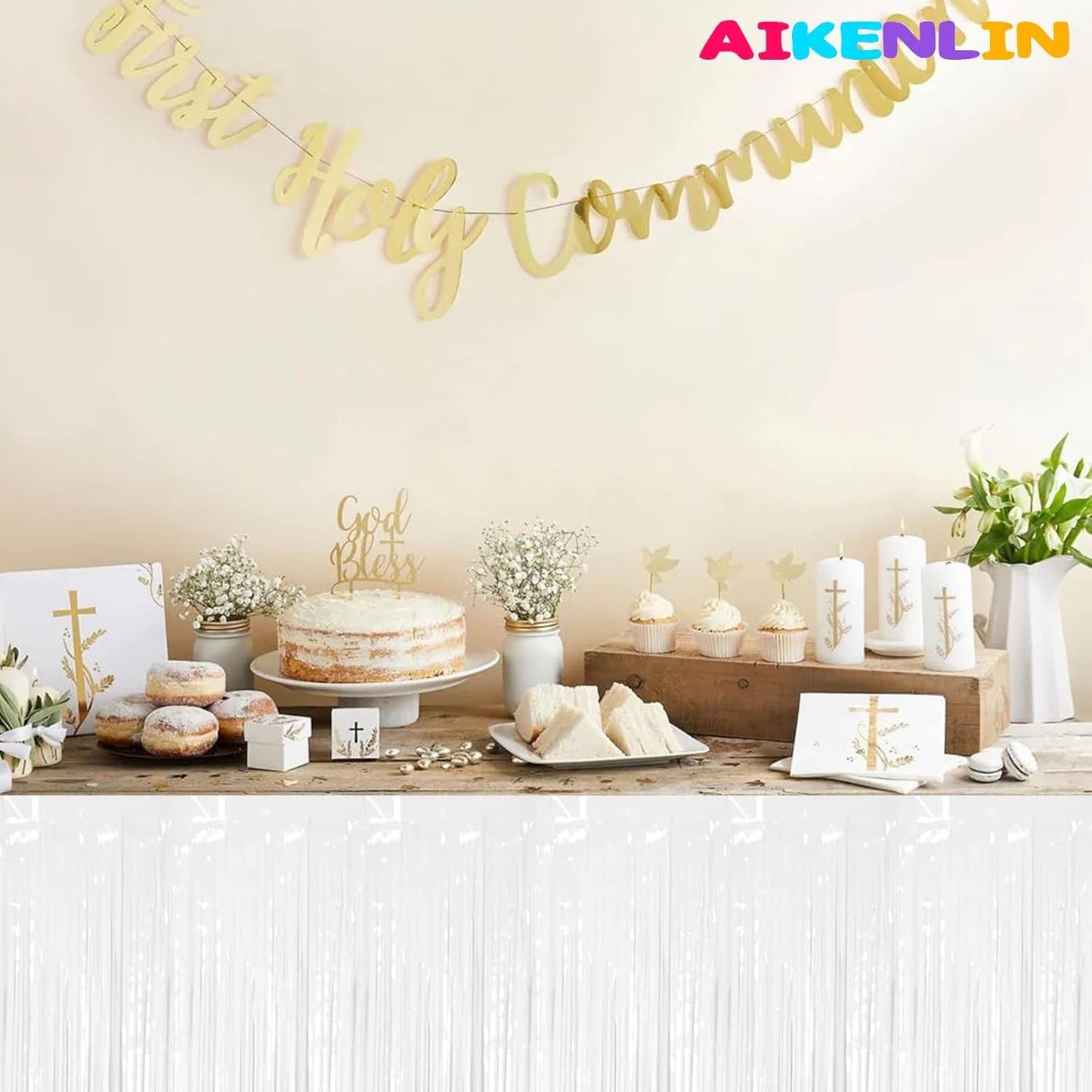 6 Pack 29x108 Inch Metallic Foil Fringe Tinsel Table Skirts Banner for Rectangle Tables Streamer Garland Curtains Backdrop for Wedding, Birthday, Parade Floats Party Decoration(White)