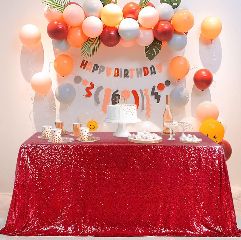 QueenDream Sequin Tablecloth 90"x156" Red Tablecloth Rectangular Party Tablecloth for Christmas Wedding Birthday Bridal Shower Decorations